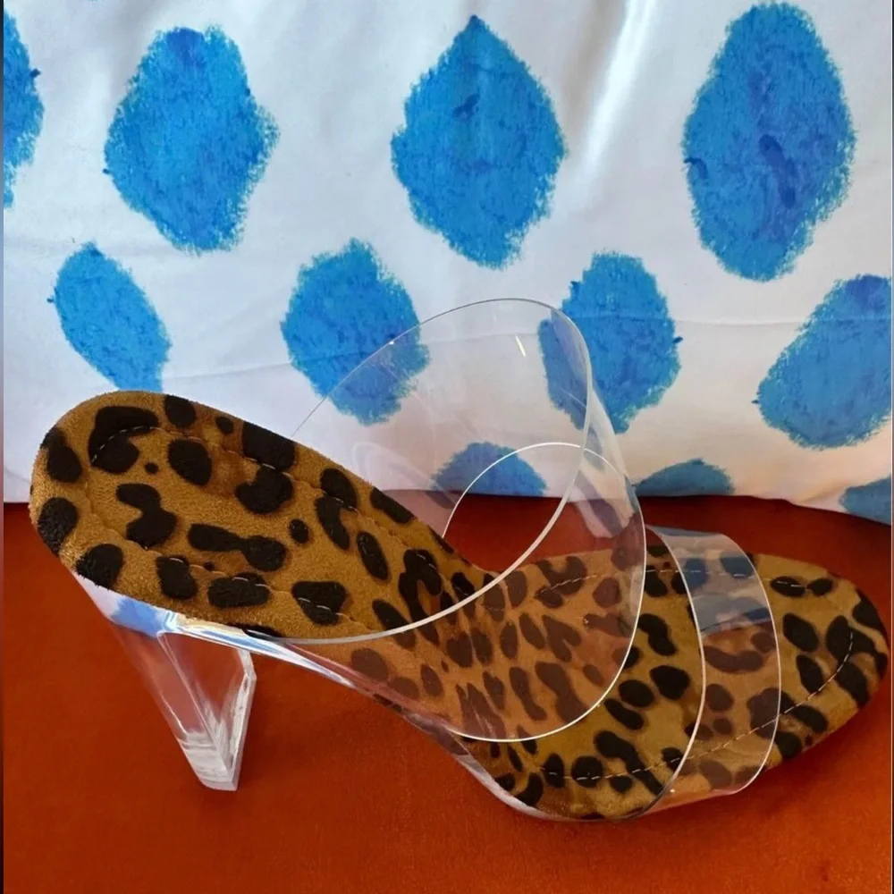 Allegra K clear, high heel, mule sandals, w/leopard print footbed. - Picture 1 of 4